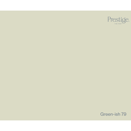 A flat, solid color swatch card in a muted sage green with the Prestige brand logo in the top right and the text 'Green-ish 79' in the bottom right.