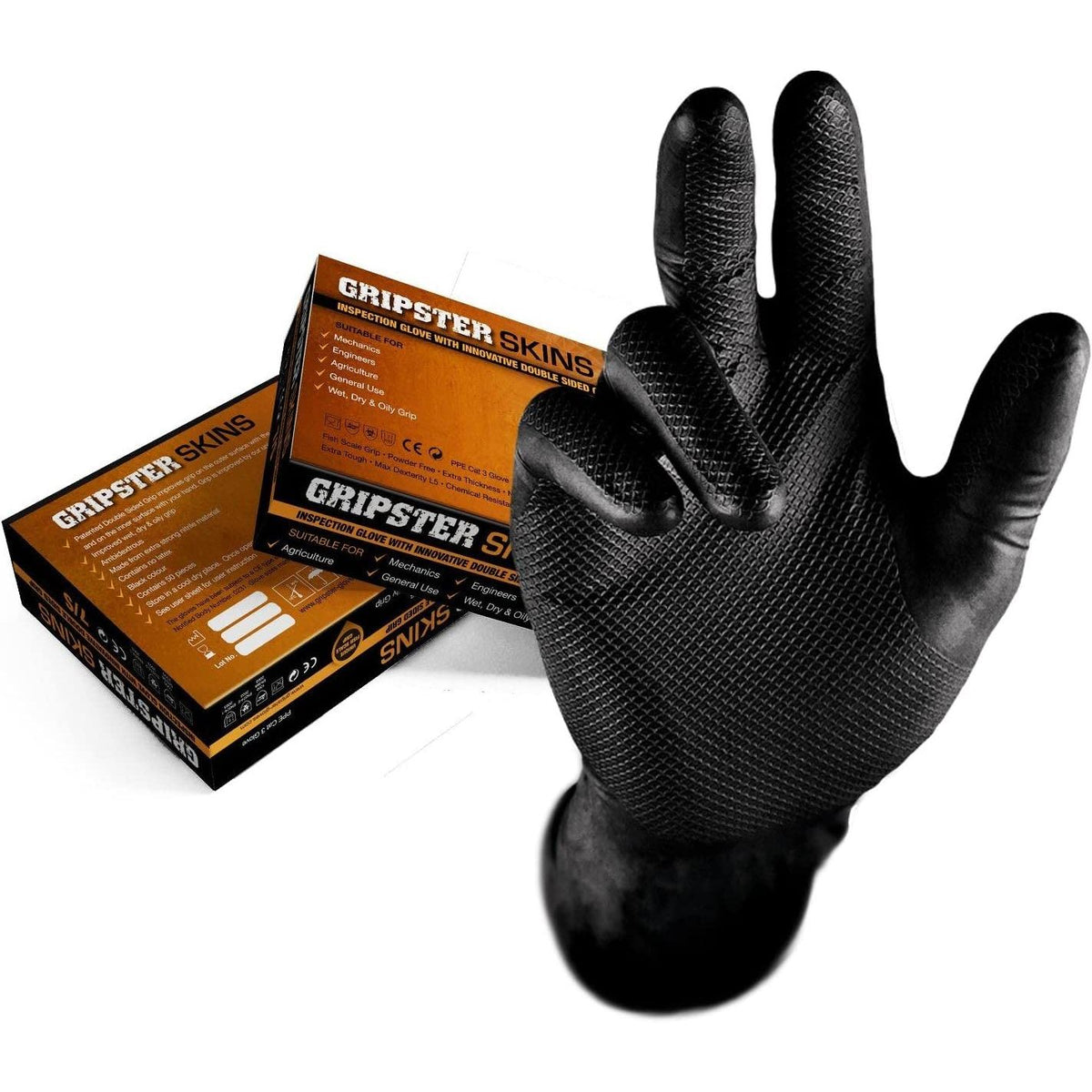 Black glove with textured surface and 'Gripster Skins' packaging in the background