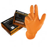 An orange textured grip glove is shown in front of two Gripster Skins product boxes on a plain white background.
Gripster Skins Disposable Gloves