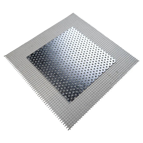 A square metal mesh filter or mesh mat with a perforated center section, shown on a plain white background.