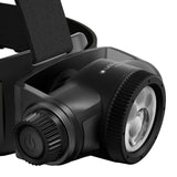 Close-up of a black LED headlamp showing the front lens, adjustment dial, power button, and part of the head strap on a white background.