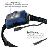 Blue LED headlamp with black strap and cable, shown with text callouts about long lasting battery and quick charging on a white background.
Ledlenser HF4R CORE Rechargeable Head Torch