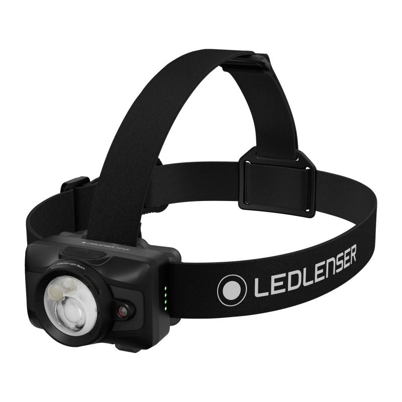 A LEDLENSER headlamp with a dark green and black camouflage patterned head strap, featuring a dark green lamp housing with three clear LED lenses, shown on a solid white background. Ledlenser Headlamp HF6R | 900 Lumen