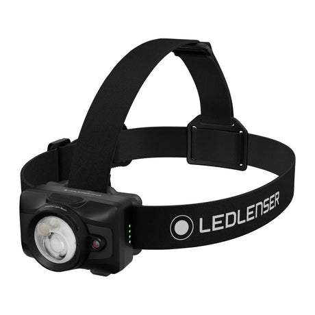 A LEDLENSER headlamp with a dark green and black camouflage patterned head strap, featuring a dark green lamp housing with three clear LED lenses, shown on a solid white background. Ledlenser Headlamp HF6R | 900 Lumen