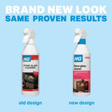Two bottles of HG Stove Glass Cleaner, one old design and one new design, on a blue background with text 'Brand New Look, Same Proven Results'.