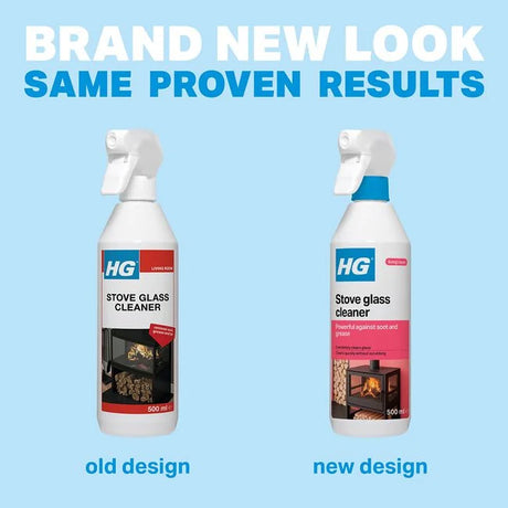 Two bottles of HG Stove Glass Cleaner, one old design and one new design, on a blue background with text 'Brand New Look, Same Proven Results'.