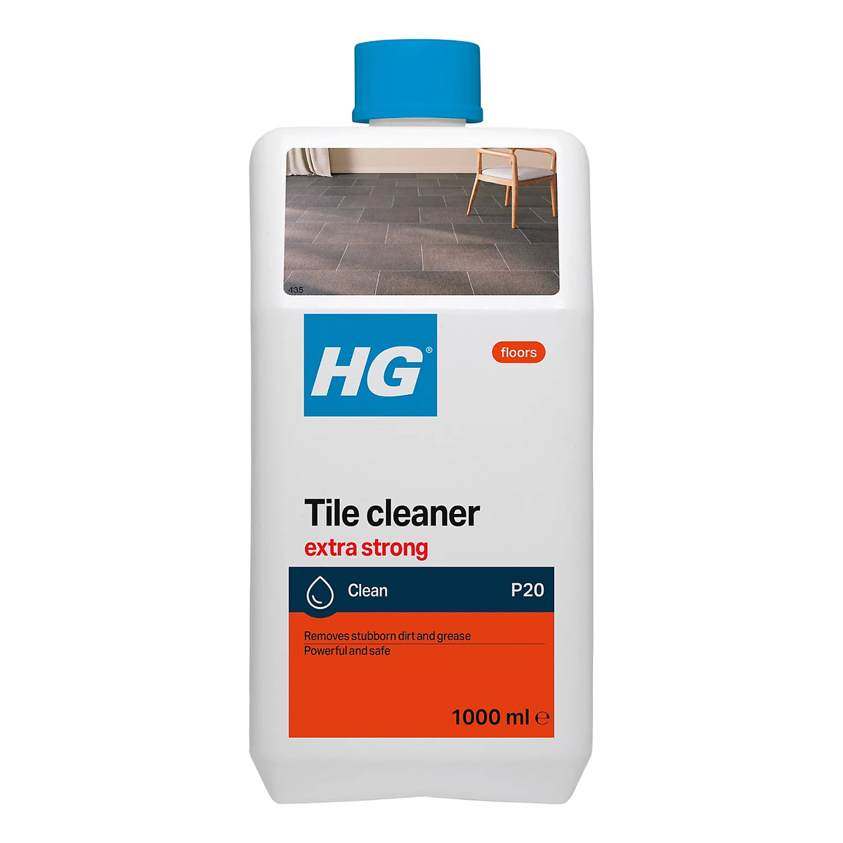 A 1000 ml bottle of HG Floor Tile cleaner extra strong, featuring a white bottle with a blue cap, a blue and orange HG logo, and a demonstration photo of a clean tiled floor on the upper label.