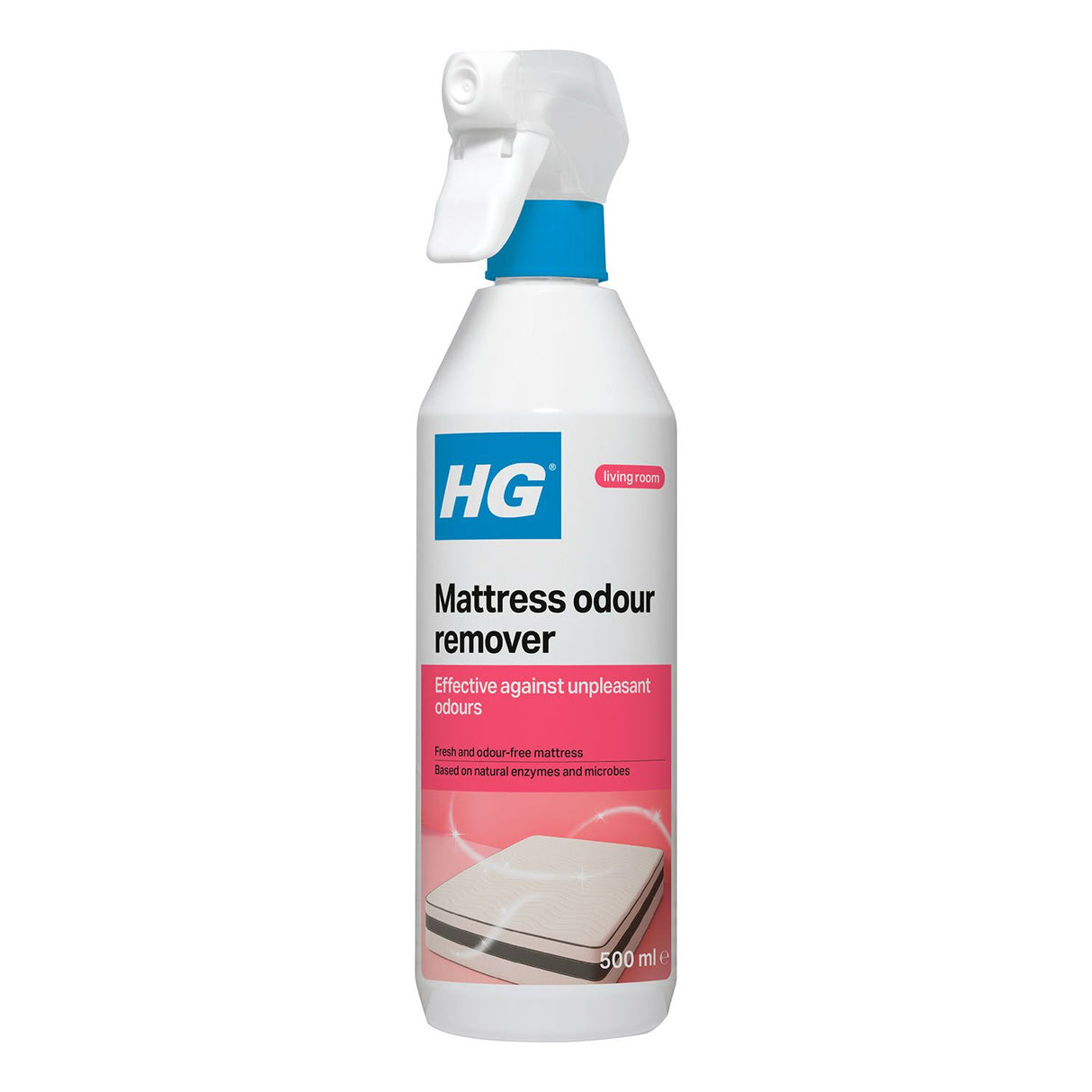 A 500 ml bottle of HG Mattress odour remover spray, featuring a white plastic bottle with a blue collar and a white spray nozzle. The label is white with a blue HG logo, black text, and pink accents, showing an illustration of a mattress.