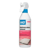 A 500 ml bottle of HG Mattress odour remover spray, featuring a white plastic bottle with a blue collar and a white spray nozzle. The label is white with a blue HG logo, black text, and pink accents, showing an illustration of a mattress.