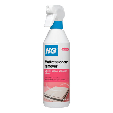 A 500 ml bottle of HG Mattress odour remover spray, featuring a white plastic bottle with a blue collar and a white spray nozzle. The label is white with a blue HG logo, black text, and pink accents, showing an illustration of a mattress.