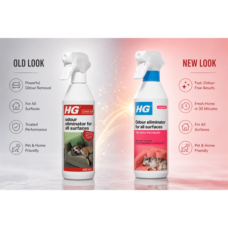 Two HG Odour Eliminator spray bottles shown side by side with marketing text for the old and new looks on a pink-to-white gradient background.