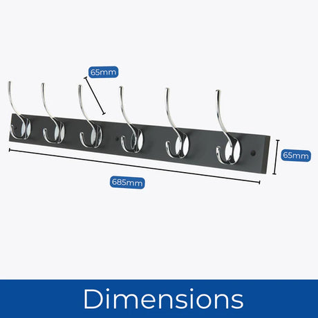 Headbourne Wall Mounted Coat Rack with Victorian Chrome Hooks - 6 Double Hooks | Black