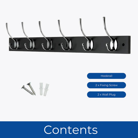Headbourne Wall Mounted Coat Rack with Victorian Chrome Hooks - 6 Double Hooks | Black