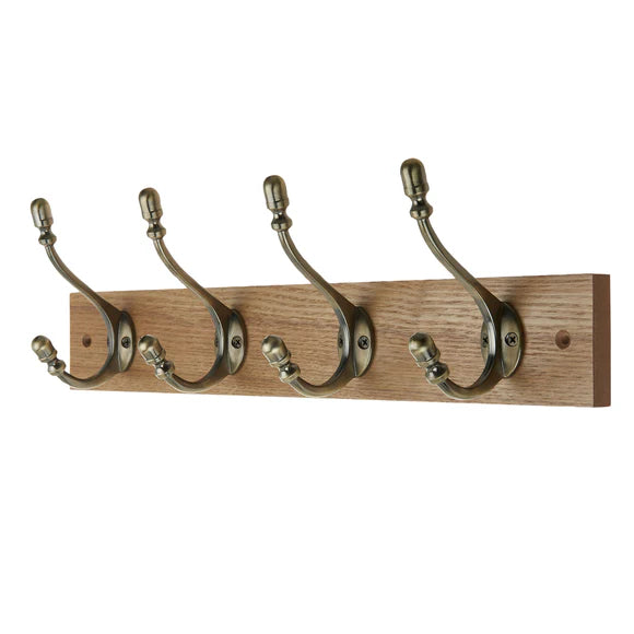 Headbourne Rustic Wall-Mounted Coat 4 Hook Rail 46cm Wooden & Ceramic Hooks Coats Towel