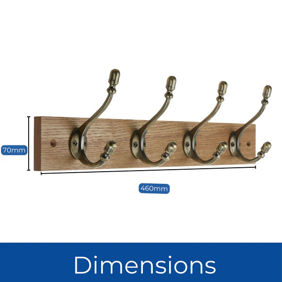 Headbourne Rustic Wall-Mounted Coat 4 Hook Rail 46cm Wooden & Ceramic Hooks Coats Towel
