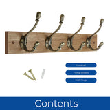 Headbourne Rustic Wall-Mounted Coat 4 Hook Rail 46cm Wooden & Ceramic Hooks Coats Towel