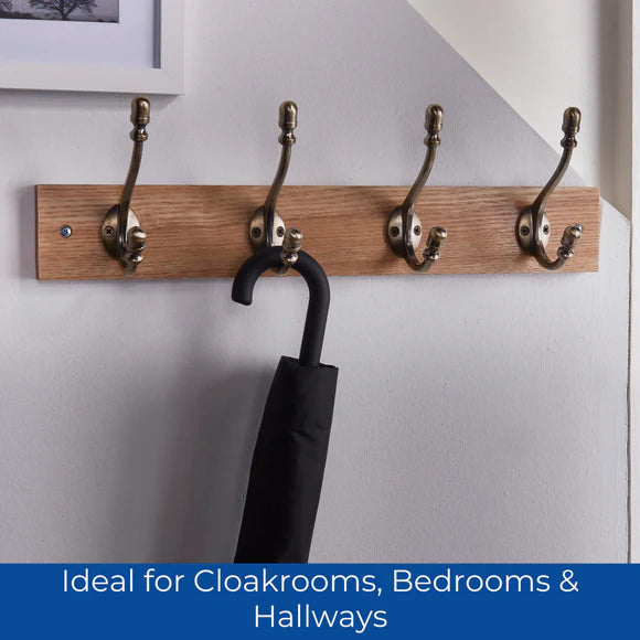 Headbourne Rustic Wall-Mounted Coat 4 Hook Rail 46cm Wooden & Ceramic Hooks Coats Towel