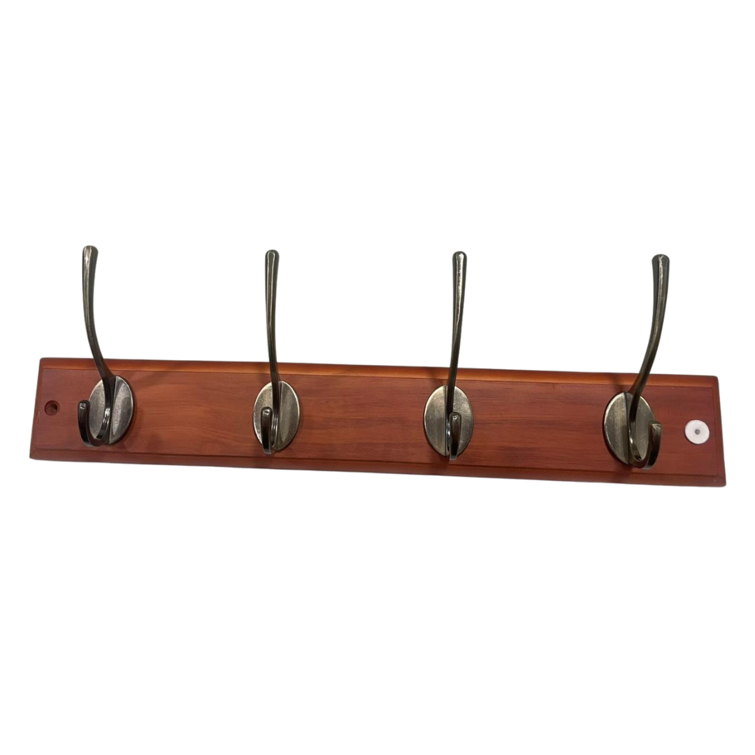 Headbourne 4 Victorian Antique Brass Hooks on Oak Wooden Board Coat Rack