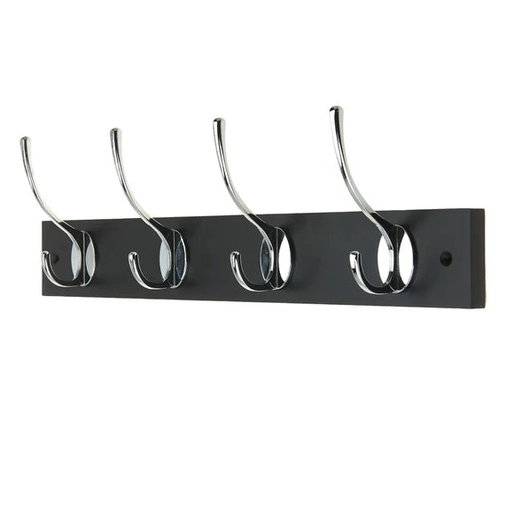Headbourne Wall Mounted Coat Rack with Victorian Chrome Hooks - 4 Double Hooks | Black
