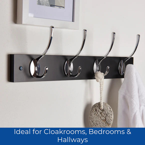 Headbourne Wall Mounted Coat Rack with Victorian Chrome Hooks - 4 Double Hooks | Black