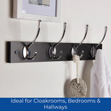 Headbourne Wall Mounted Coat Rack with Victorian Chrome Hooks - 4 Double Hooks | Black