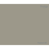 A solid color swatch card for Prestige fabric, labeled 'Hepburn 34' in the bottom right corner, featuring a muted olive-gray color.