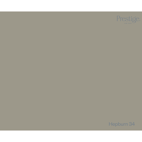 A solid color swatch card for Prestige fabric, labeled 'Hepburn 34' in the bottom right corner, featuring a muted olive-gray color.