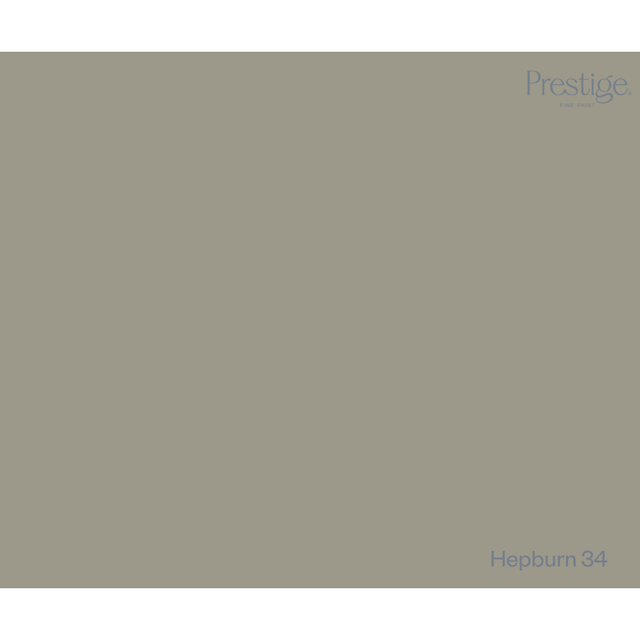A solid color swatch card for Prestige fabric, labeled 'Hepburn 34' in the bottom right corner, featuring a muted olive-gray color.