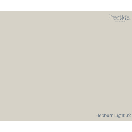 A flat, solid colour swatch card in a warm light greige, labeled 'Prestige. Fine Paint. Prestige Hepburn Light Paint