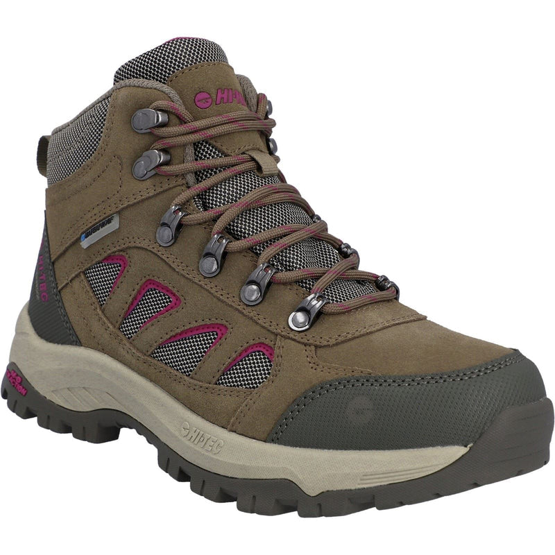 A women's mid-height hiking boot in olive brown suede and mesh, featuring magenta accents on the side panels and heel, brown laces, and a beige and dark gray midsole.
Hi-Tec Bandera Expedition Leather Women's Hiking Boots | Olive