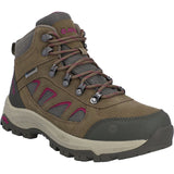 A women's mid-height hiking boot in olive brown suede and mesh, featuring magenta accents on the side panels and heel, brown laces, and a beige and dark gray midsole.
Hi-Tec Bandera Expedition Leather Women's Hiking Boots | Olive