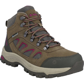 A women's mid-height hiking boot in olive brown suede and mesh, featuring magenta accents on the side panels and heel, brown laces, and a beige and dark gray midsole.
Hi-Tec Bandera Expedition Leather Women's Hiking Boots | Olive