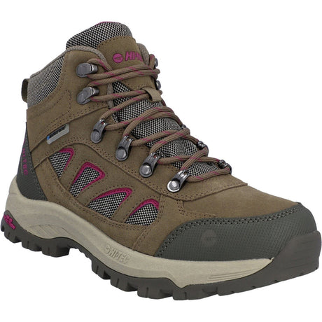 A women's mid-height hiking boot in olive brown suede and mesh, featuring magenta accents on the side panels and heel, brown laces, and a beige and dark gray midsole.
Hi-Tec Bandera Expedition Leather Women's Hiking Boots | Olive