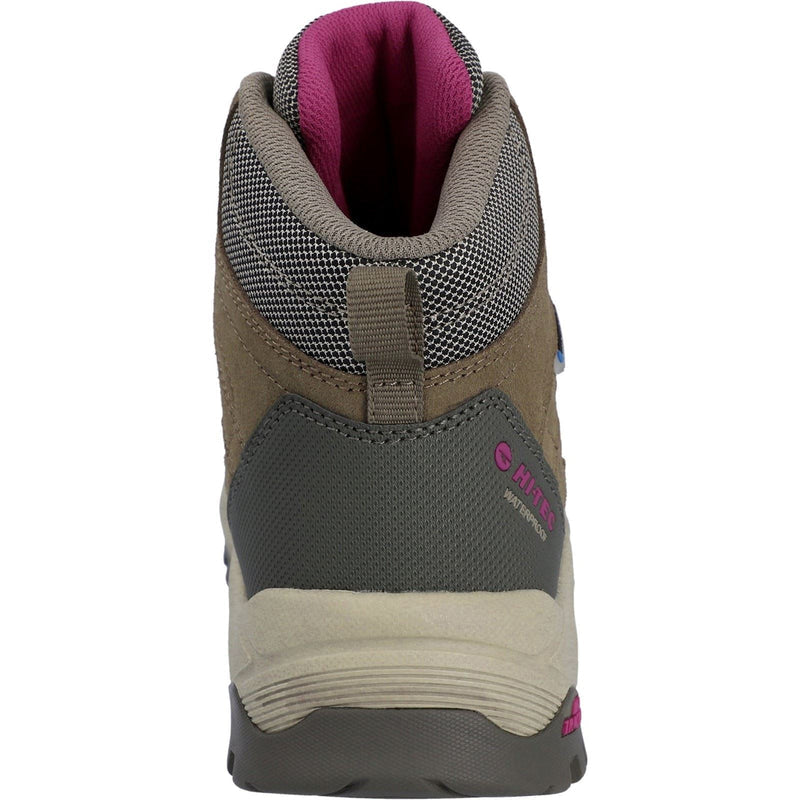 A mid-height hiking boot shown from the side profile against a white background. The boot features a brown suede upper, a dark gray mesh midfoot panel, a beige midsole, and a magenta-pink interior lining and branding accent. Hi-Tec Bandera Expedition Leather Women's Hiking Boots | Olive