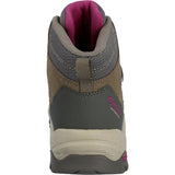 A mid-height hiking boot shown from the side profile against a white background. The boot features a brown suede upper, a dark gray mesh midfoot panel, a beige midsole, and a magenta-pink interior lining and branding accent. Hi-Tec Bandera Expedition Leather Women's Hiking Boots | Olive