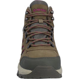 A Hitec mid-top hiking boot in olive brown with dark gray mesh panels, brown laces, and pink brand lettering on the tongue, shown against a plain white background.
Hi-Tec Bandera Expedition Leather Women's Hiking Boots | Olive