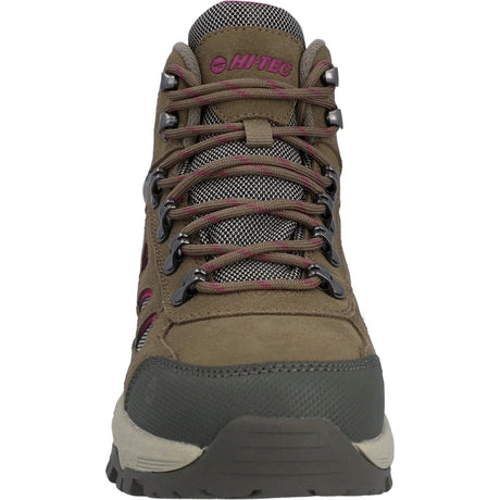 A Hitec mid-top hiking boot in olive brown with dark gray mesh panels, brown laces, and pink brand lettering on the tongue, shown against a plain white background.
Hi-Tec Bandera Expedition Leather Women's Hiking Boots | Olive