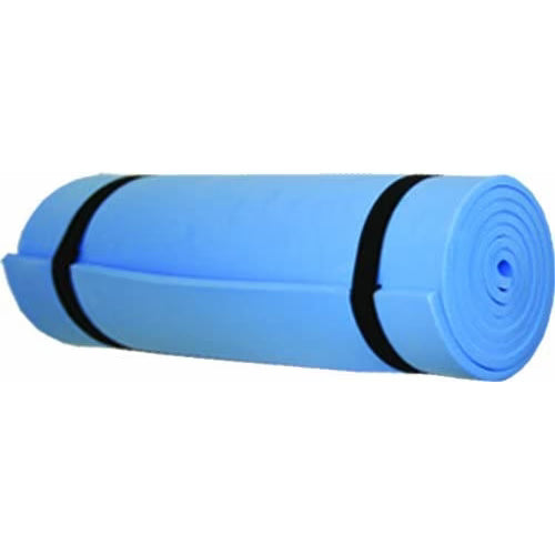 A light blue rolled-up foam mat secured with two black straps, shown against a plain white background.