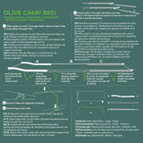 An instructional diagram in French and English for assembling an olive camp bed, showing labeled parts A, B, and C with step-by-step assembly instructions and a color-coded layout on a white background.
Highlander Camp Bed | Olive