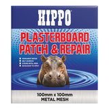 Hippo brand Plasterboard Patch & Repair kit in a square metal mesh pack, 100mm x 100mm. The packaging features a blue background with a graphic of a hippo over water ripples, and bold red and white text.