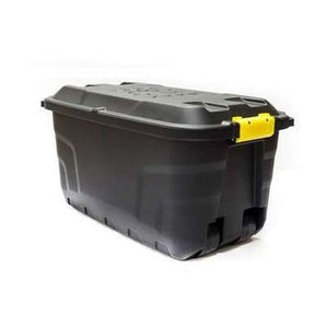 A black plastic storage bin with a secure hinged lid and a bright yellow latch, shown on a plain white background.
Home Collection Heavy Duty Trunk on Wheels With Lid | 75L