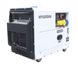A Hyundai DH16000SE portable generator set, featuring a white metal casing with black mounting panels on the side and rear, mounted on black caster wheels. The front face displays the Hyundai brand name, model number, and various electrical outlets and switches.