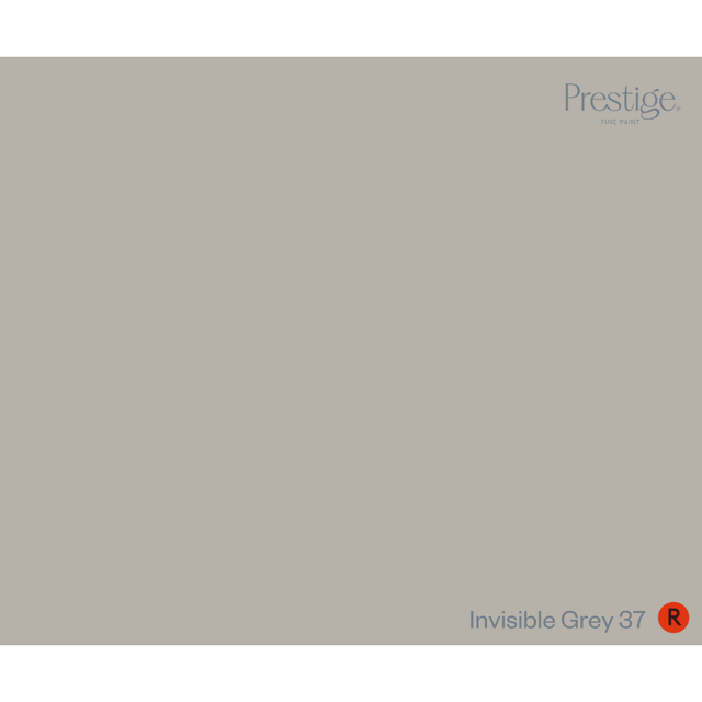 A solid color card displaying Prestige Invisible Grey 37, a warm light gray color, with the Prestige brand logo in the top right and the product name 'Invisible Grey 37' with a red 'R' circle in the bottom right.