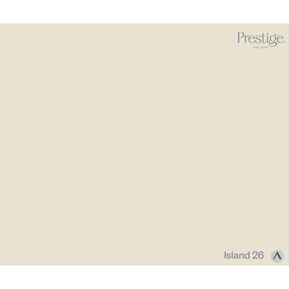 Prestige Island
A solid color swatch card for Prestige Fine Paints in the color 'Island 26', showing a warm light beige background with the brand logo in the top right and the color name in the bottom right.