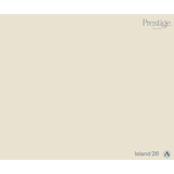 Prestige Island
A solid color swatch card for Prestige Fine Paints in the color 'Island 26', showing a warm light beige background with the brand logo in the top right and the color name in the bottom right.