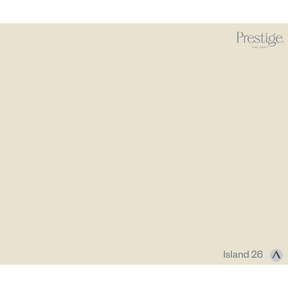 Prestige Island
A solid color swatch card for Prestige Fine Paints in the color 'Island 26', showing a warm light beige background with the brand logo in the top right and the color name in the bottom right.