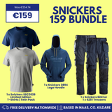 Snickers 159 Bundle promotional graphic on a yellow background, showing a navy T-shirt, light gray T-shirt, blue Snickers hoodie, dark cargo pants, and dark blue trousers with text labels and pricing information.