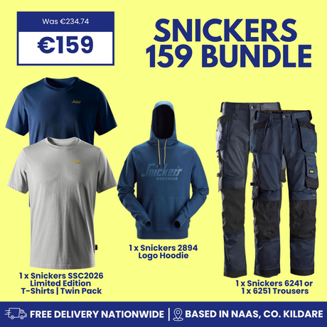 Snickers 159 Bundle promotional graphic on a yellow background, showing a navy T-shirt, light gray T-shirt, blue Snickers hoodie, dark cargo pants, and dark blue trousers with text labels and pricing information.