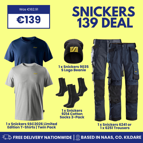 Promotional product graphic for a Snickers 139 deal showing multiple Snickers branded items on a yellow background: a navy T-shirt, a light gray T-shirt, a black beanie with a gold logo, black socks, and dark work pants. Large text reads 'SNICKERS 139 DEAL' with pricing and delivery claims.
Shop & save with the Snickers 139 Deal at Ted Johnsons. Get Snickers trousers, T-shirts, a beanie & socks in one workwear bundle. Fast delivery across Ireland. 