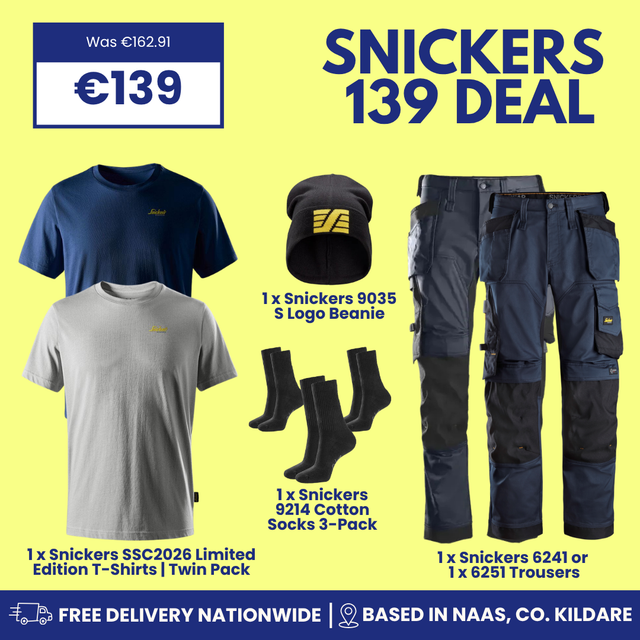 Promotional product graphic for a Snickers 139 deal showing multiple Snickers branded items on a yellow background: a navy T-shirt, a light gray T-shirt, a black beanie with a gold logo, black socks, and dark work pants. Large text reads 'SNICKERS 139 DEAL' with pricing and delivery claims.
Shop & save with the Snickers 139 Deal at Ted Johnsons. Get Snickers trousers, T-shirts, a beanie & socks in one workwear bundle. Fast delivery across Ireland. 